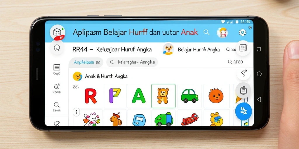 Tampilan antarmuka aplikasi RR44 dengan fitur belajar huruf dan angka.